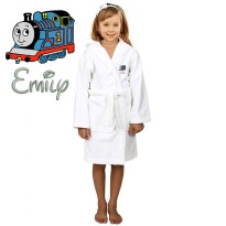 Blue Train Cartoon Design & Custom Name Embroidery on Kids Hooded Bathrobe